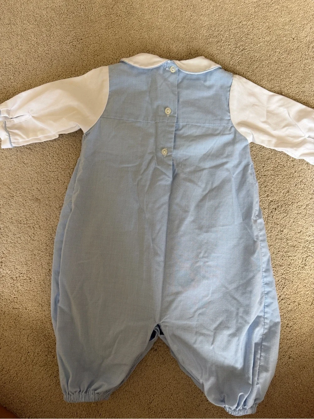 Petit Ami Light Blue Gingham Baby Romper with White Collar